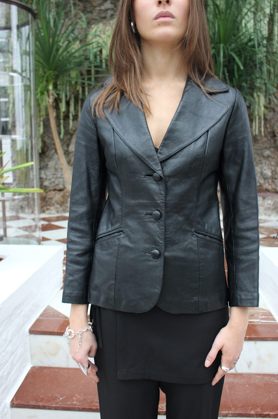 Læder blazer m. trekvart ærmer
